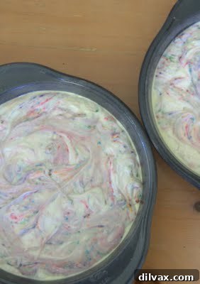 Two baked cakes in round pans, freshly out of the oven.