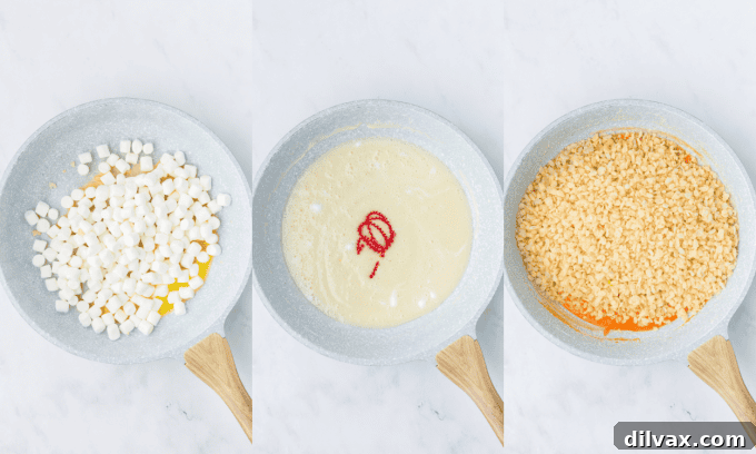Step-by-step process of melting butter and marshmallows for Rice Krispie Treats