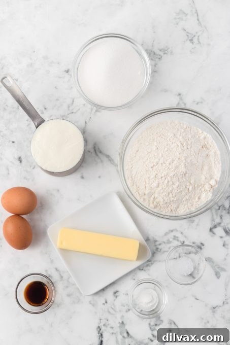 Pillowy Ricotta Delights 4 A selection of main ingredients for baking Ricotta Cookies, including butter, sugar, eggs, vanilla, ricotta, flour, baking powder, and salt.
