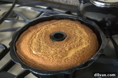 A visible section of the Lemon Vanilla Pound Cake sticking to the intricate Bundt pan.