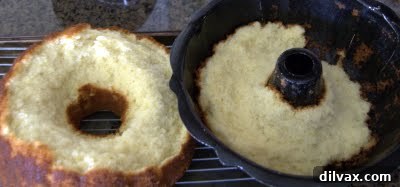 A closer view of the damage, with a section of the pound cake completely stuck in the pan.