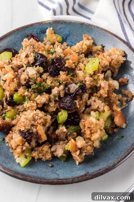 Classic Holiday Sausage Stuffing 11 A bread dressing with dried cranberries and sausage.