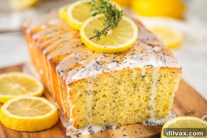 Bright Lemon Poppy Seed Loaf 2 Beautifully glazed Lemon Poppy Seed Loaf slice, close-up.