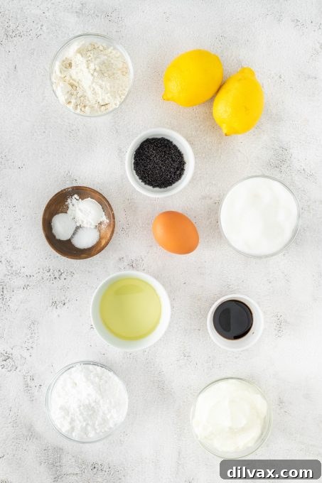 Bright Lemon Poppy Seed Loaf 4 A selection of fresh ingredients for baking a lemon poppy seed cake, including lemons, eggs, flour, and yogurt.