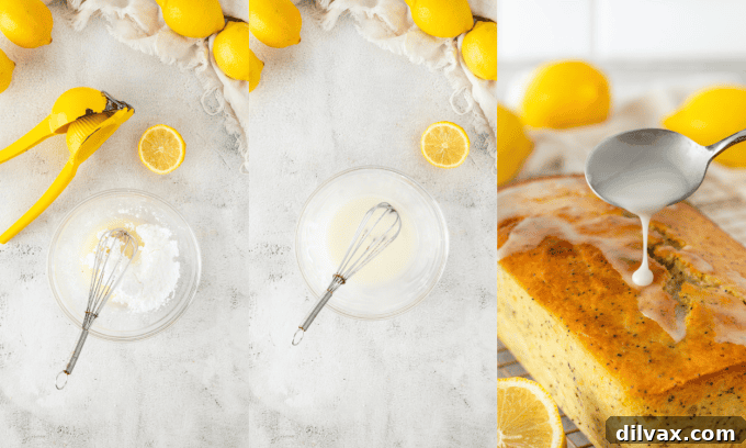 Bright Lemon Poppy Seed Loaf 6 Pouring lemon glaze over a baked poppy seed loaf.