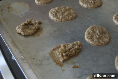 The baked Nut Cookies on the baking sheet, appearing firm and golden, but with a hint of difficulty in removal due to sticking.