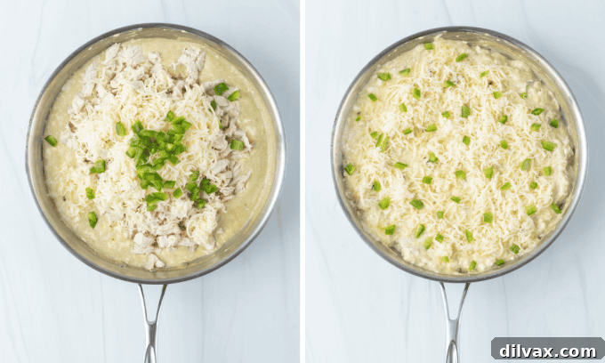 Loaded Chicken Enchilada Dip 5 Step-by-step photos showing the preparation of Chicken Enchilada Dip.