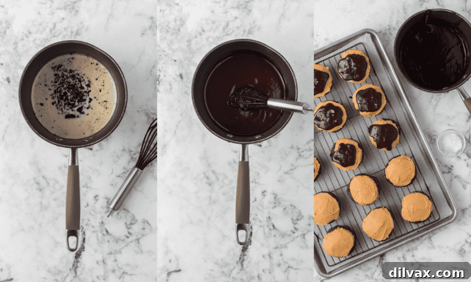 A step-by-step process of assembling Buckeye Cookies: brownie base, peanut butter layer, and beginning of chocolate ganache application.