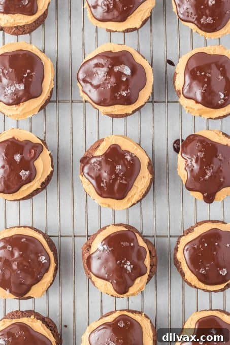 A perfectly finished Buckeye Cookie with a glistening chocolate ganache topping and a hint of flaky sea salt.