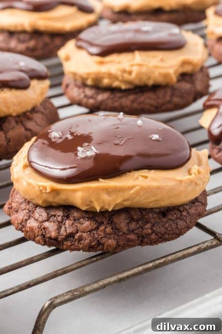 A close-up of a delightful Buckeye Brownie Cookie, showcasing the distinct layers of brownie, peanut butter, and chocolate, ready for a bite.