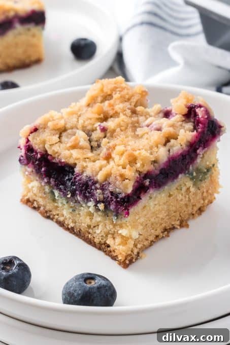 A tender cake with fresh blueberries and streusel on top, cut into a slice.