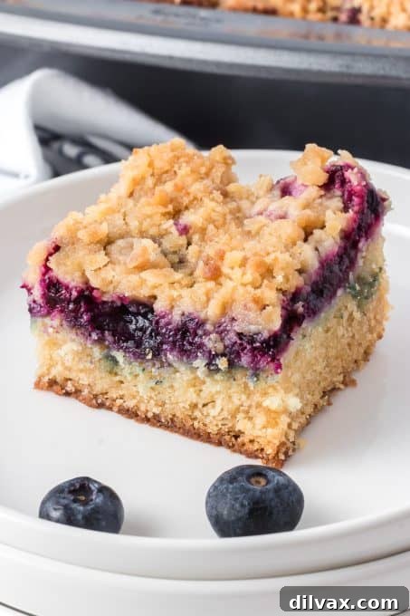An easy blueberry cake with crumb topping in a square pan.