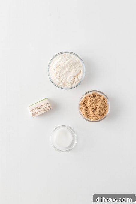 Ingredients for the crumb topping, including butter, flour, and brown sugar.