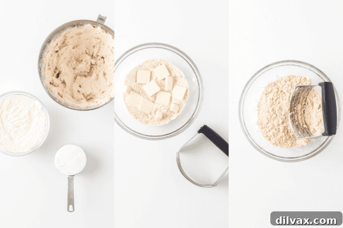 First steps of making Blueberry Crumb Cake: mixing dry ingredients and creaming butter and sugar.