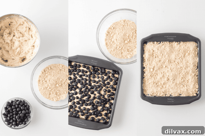 Second set of process photos for Blueberry Crumb Cake: combining wet and dry ingredients and adding blueberries.