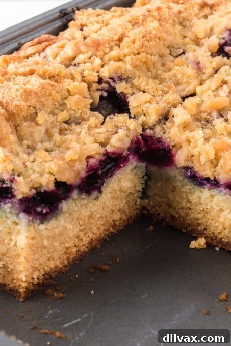 A whole Blueberry Crumb Cake with a golden brown topping and visible blueberries.