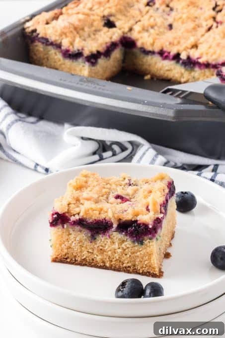 A close-up of a blueberry crumb cake showing the dense crumb and fresh blueberries.