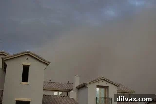 Dust storm obscuring the neighborhood landscape