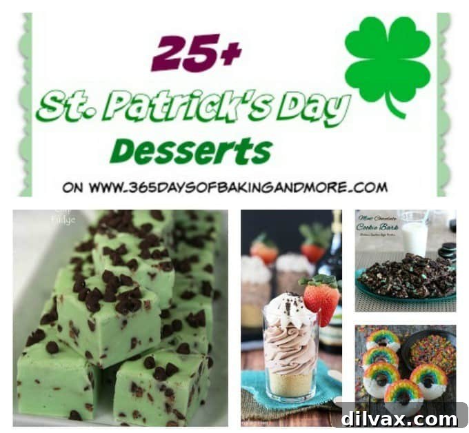 A vibrant display of various St. Patrick's Day dessert recipes, featuring green, white, and rainbow-colored treats, on a festive green background.