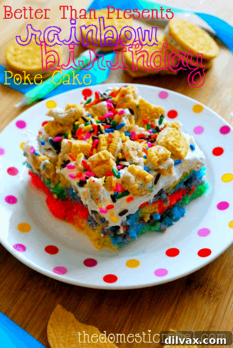 A vibrant rainbow poke cake with colorful gelatin seeping into the cake layers.