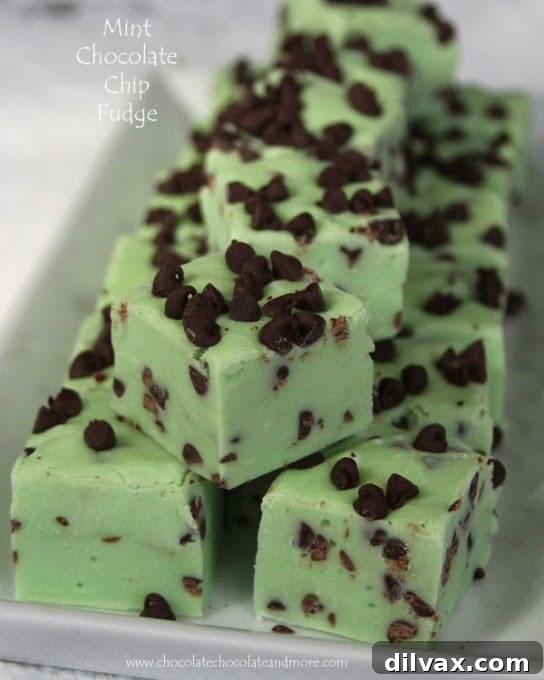 Squares of mint green fudge speckled with chocolate chips, ready to be enjoyed.