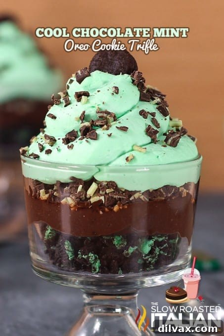 Layers of chocolate, mint, and Oreo cookies creating a stunning trifle dessert.