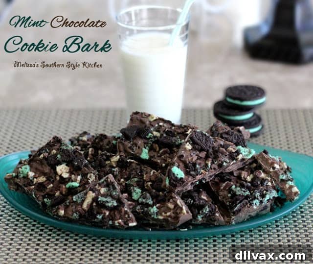 Shards of mint chocolate bark with cookie pieces mixed in.