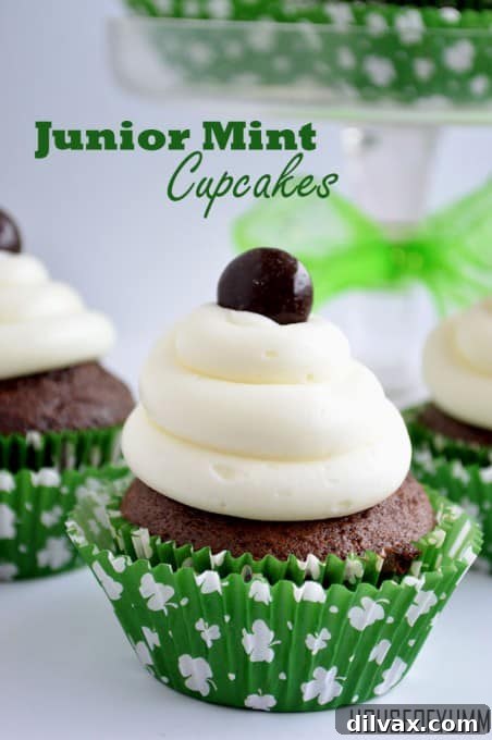 Chocolate cupcakes topped with green mint frosting and Junior Mints.