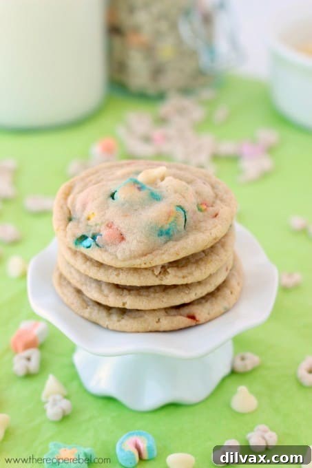 Soft cookies loaded with white chocolate chips and colorful Lucky Charms marshmallows.
