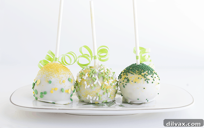 Delicate chocolate chip menthe cake pops with a mint green drizzle.