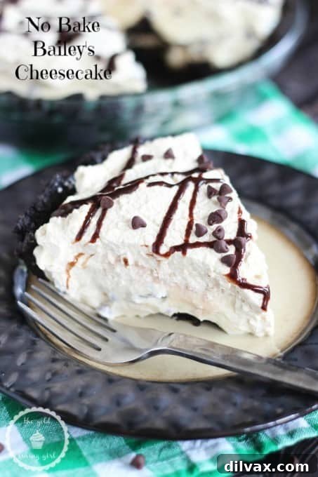 A slice of no-bake Bailey's Irish Cream cheesecake topped with coffee whipped cream and chocolate shavings.