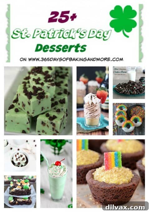 A Pinterest-friendly collage of St. Patrick's Day desserts, encouraging readers to save the recipes.