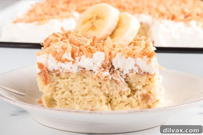 Banana Tres Leches Cake with caramel and coconut topping