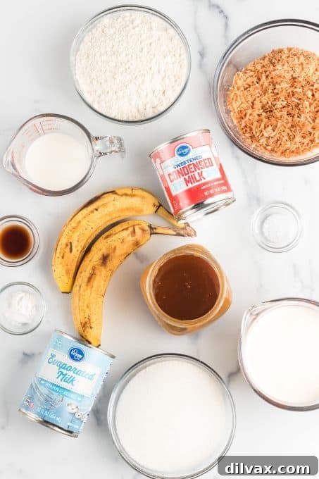 Ingredients for Banana Tres Leches Cake.