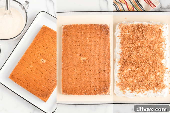 Final process steps for Banana Tres Leches Cake.