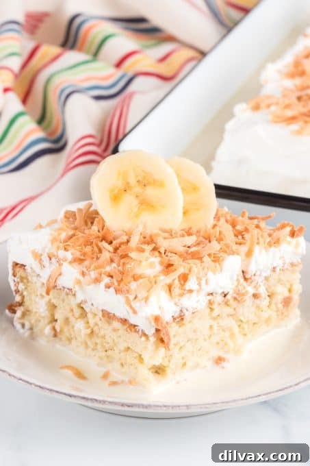 Banana Tres Leches Cake, garnished and ready to serve