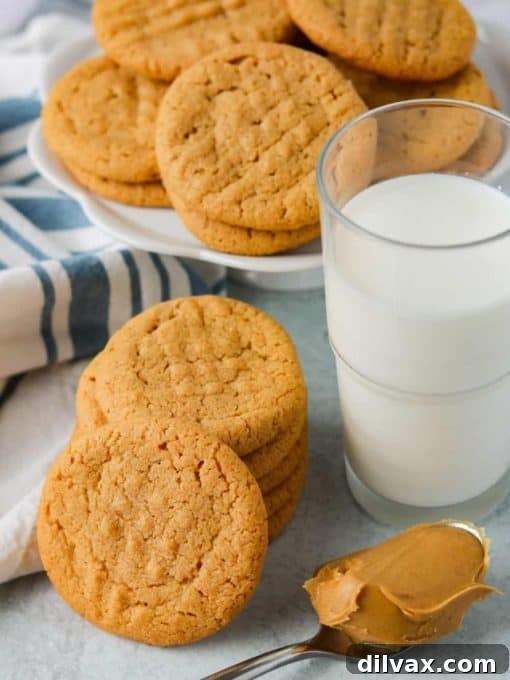 Freshly baked 3-Ingredient Peanut Butter Cookies, accompanied by a refreshing glass of milk and a spoonful of peanut butter, highlighting their simplicity and deliciousness.
