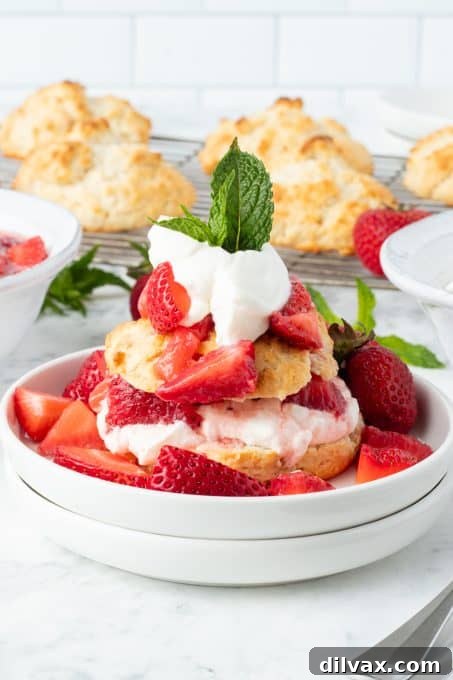 Classic Strawberry Shortcake with fresh sliced strawberries and generous dollops of whipped cream, made effortlessly with Bisquick.
