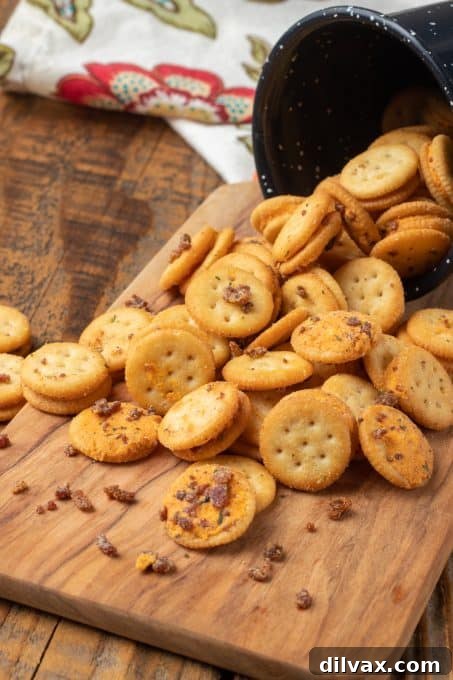 Touchdown Treats: 33 Effortless Game Day Recipes 33 Crispy Bacon Ranch Ritz Bits crackers in a bowl.