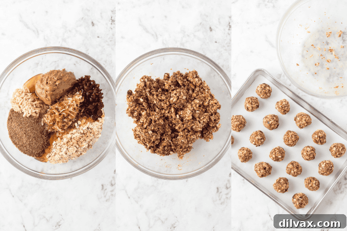 Wholesome Power Pops 5 Step-by-step process photos for making No-Bake Energy Bites.