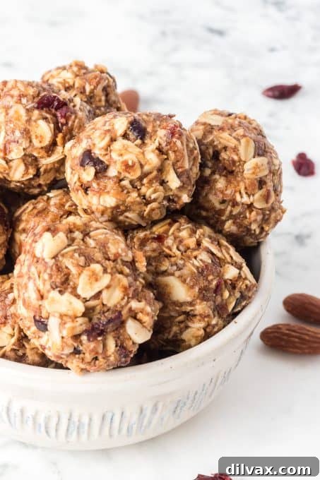 Wholesome Power Pops 7 A close-up of delicious energy bites made with oats, honey, almond butter, flax seed, dried cranberries, and almonds.