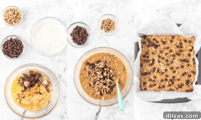 Step-by-step process images for making Banana Blondies, showing wet ingredients, dry ingredients, and batter in the pan.