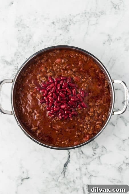 Kidney beans added to a pan of homemade chili.