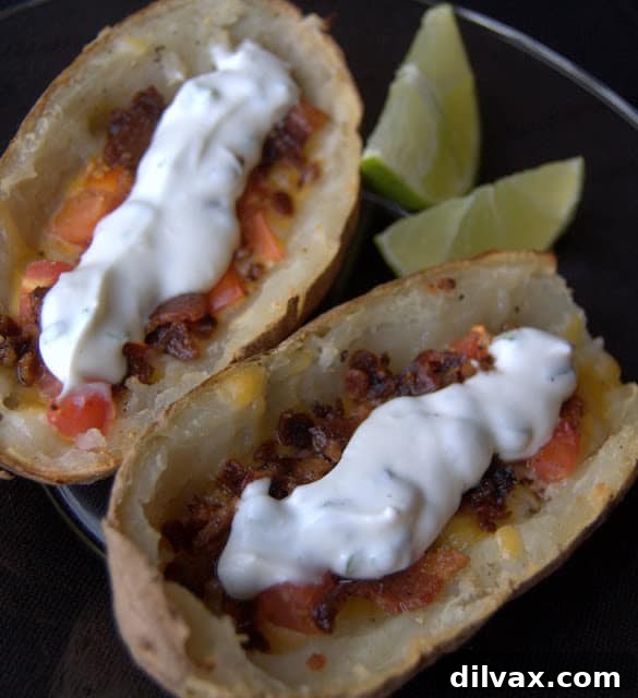 Plate of several loaded potato skins with a side of lime sour cream.