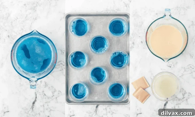 Wobbly Gelatin Delights 5 First steps in making layered Jell-O© Cups, showing liquid gelatin in cups