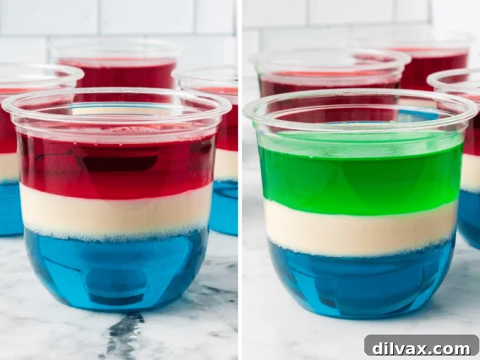 Wobbly Gelatin Delights 7 Red, white, and blue Jell-O© cups alongside green, white, and blue Jell-O© cups