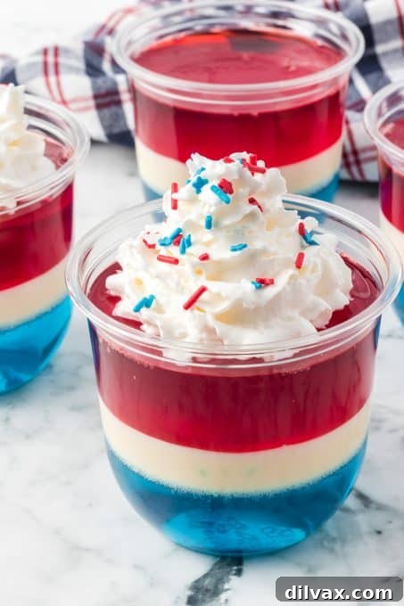 Red, white, and blue Jell-O Cups in clear plastic