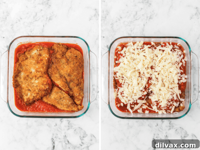 Deliciously Simple Chicken Parmesan 5 Second set of process photos for Easy Chicken Parmesan.