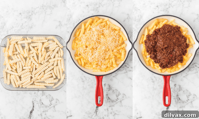 Step-by-step process of preparing the chili and assembling the fries.