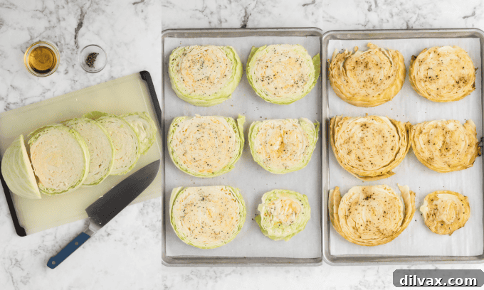 Crispy Roasted Cabbage Steaks 5 Three step-by-step photos showing a head of cabbage, sliced cabbage on a baking sheet, and drizzled olive oil.